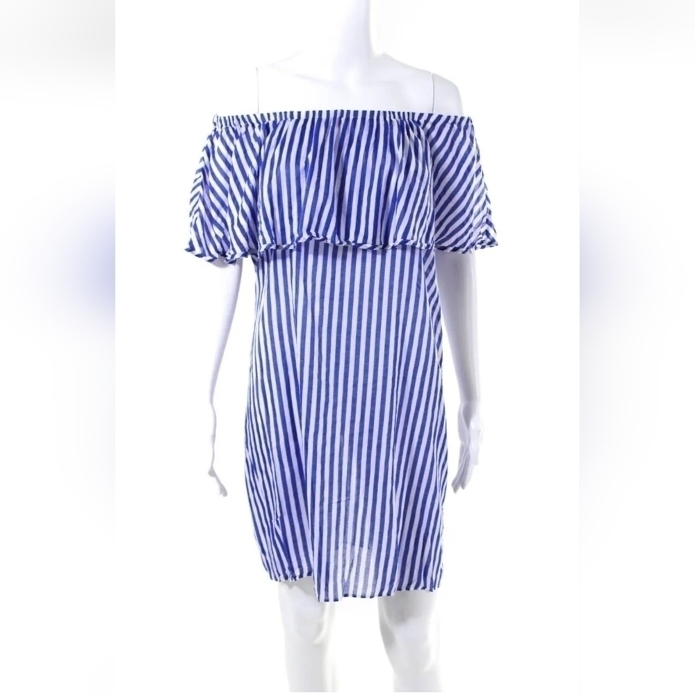 J Crew Women's Striped Off Shoulder Cotton Mini Dress Blue Size S
